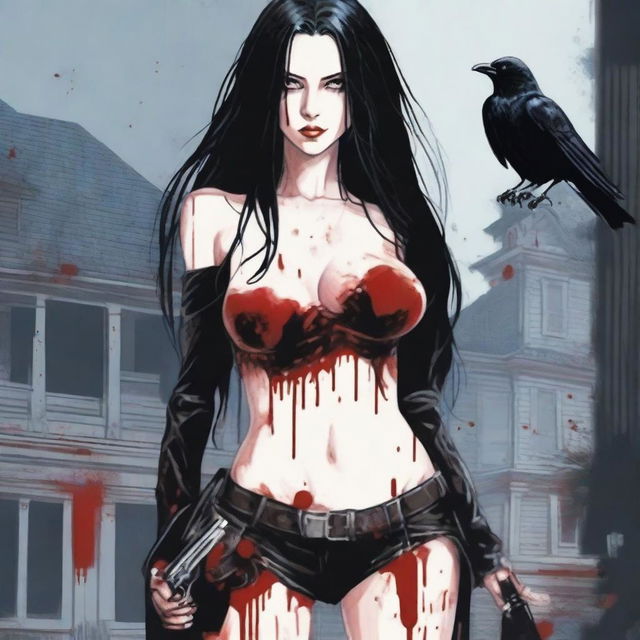 Generate an image of an attractive woman with long black hair and blue eyes, covered in blood, with a large bust, standing in front of a dark mansion