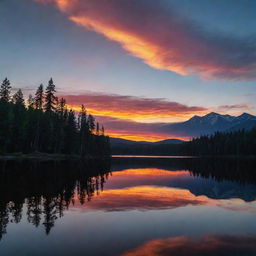 A vibrant sunset on a tranquil lake, with silhouettes of tall trees in the foreground and mountains etched against the kaleidoscopic sky in the background.