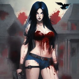 Generate an image of an attractive woman with long black hair and blue eyes, covered in blood, with a large bust, standing in front of a dark mansion