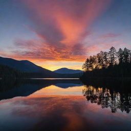 A vibrant sunset on a tranquil lake, with silhouettes of tall trees in the foreground and mountains etched against the kaleidoscopic sky in the background.