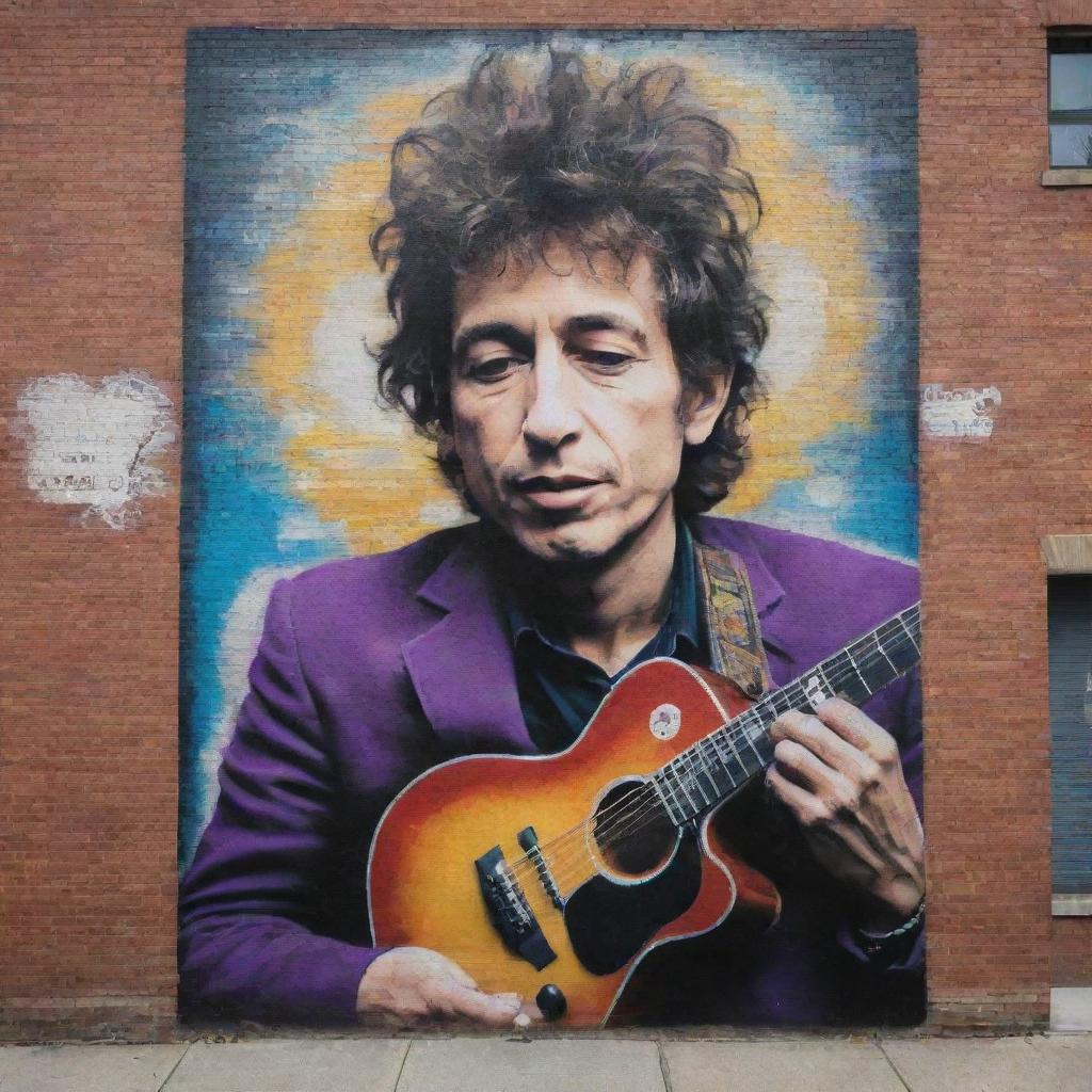 A large, colorful mural featuring Bob Dylan with his signature harmonica, acoustic guitar, and his distinct 1960s fashion, on an urban brick wall.