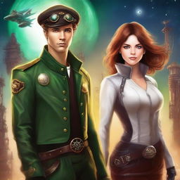 Create a steampunk, space science fiction book cover