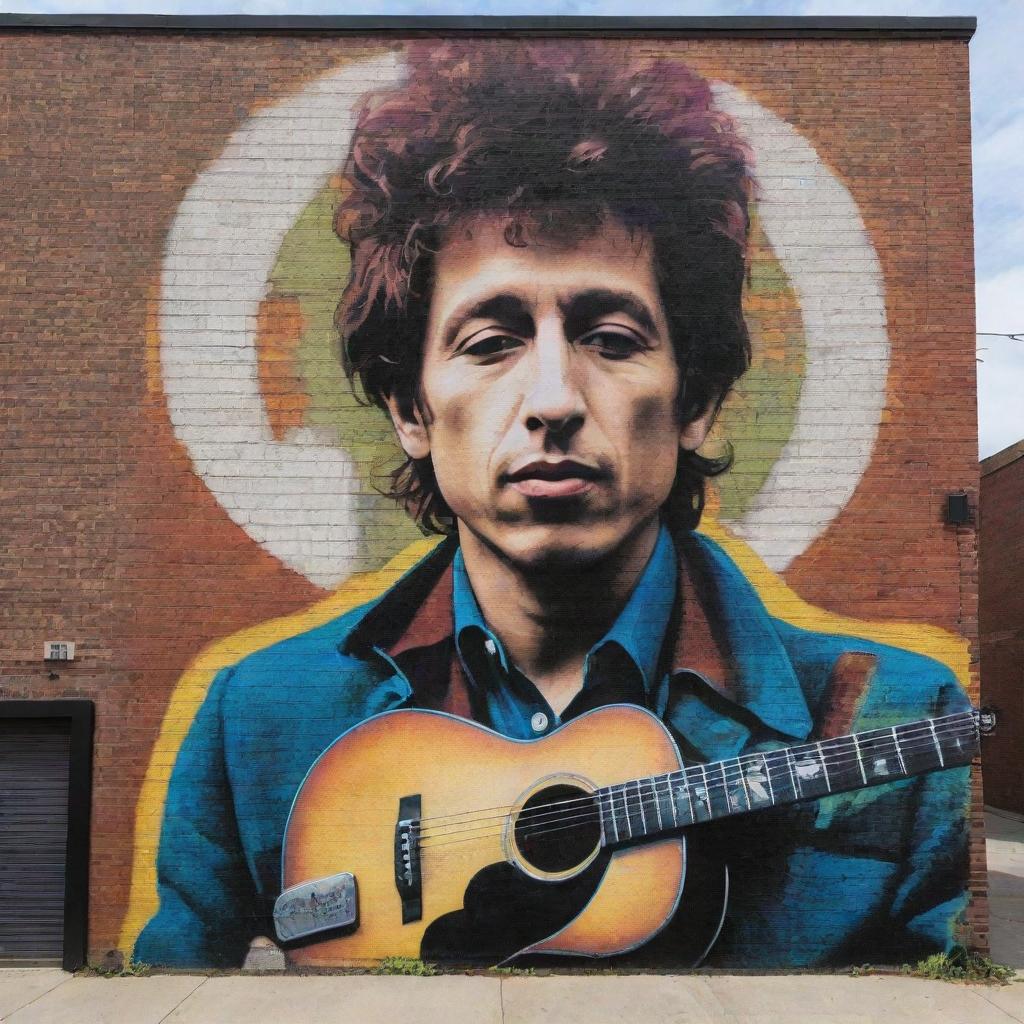 A large, colorful mural featuring Bob Dylan with his signature harmonica, acoustic guitar, and his distinct 1960s fashion, on an urban brick wall.