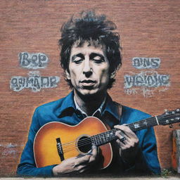 A large, colorful mural featuring Bob Dylan with his signature harmonica, acoustic guitar, and his distinct 1960s fashion, on an urban brick wall.