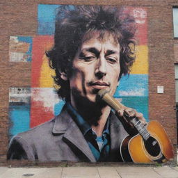 A large, colorful mural featuring Bob Dylan with his signature harmonica, acoustic guitar, and his distinct 1960s fashion, on an urban brick wall.