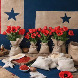 An Independence Day celebration scene with cassava plants, and sacks of cassava flour around. Saturated colors of poppy red, navy blue, creamy white, and earthy browns with festive decorations.