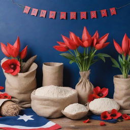 An Independence Day celebration scene with cassava plants, and sacks of cassava flour around. Saturated colors of poppy red, navy blue, creamy white, and earthy browns with festive decorations.