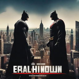 Generate an image of a movie poster with a dramatic scene featuring a hero and a villain in a face-off, with a city skyline in the background