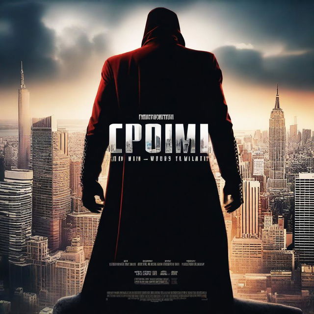 Generate an image of a movie poster with a dramatic scene featuring a hero and a villain in a face-off, with a city skyline in the background