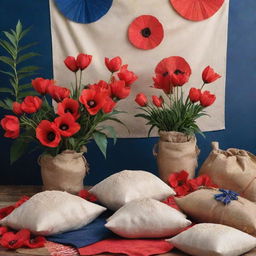 An Independence Day celebration scene with cassava plants, and sacks of cassava flour around. Saturated colors of poppy red, navy blue, creamy white, and earthy browns with festive decorations.