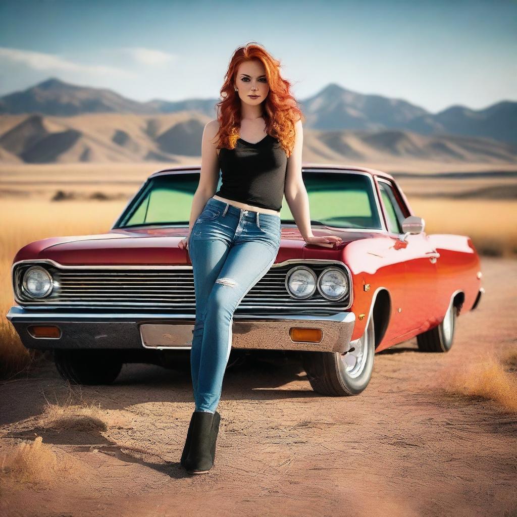 Generate an image featuring a beautiful woman with red hair sitting on a red El Camino hot rod