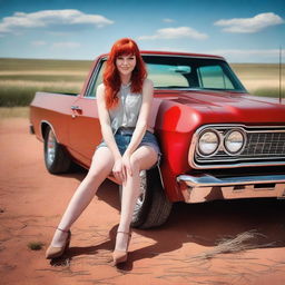 Generate an image featuring a beautiful woman with red hair sitting on a red El Camino hot rod