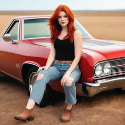 Generate an image featuring a beautiful woman with red hair sitting on a red El Camino hot rod