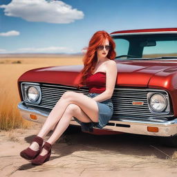 Generate an image featuring a beautiful woman with red hair sitting on a red El Camino hot rod