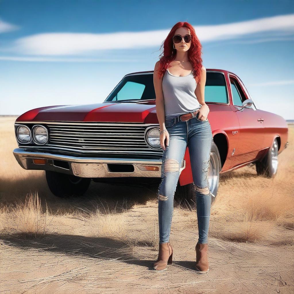 Generate an image featuring a red El Camino hot rod with a supercharger, set in the Wyoming prairie