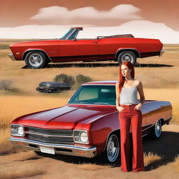 Generate an image featuring a red El Camino hot rod with a supercharger, set in the Wyoming prairie