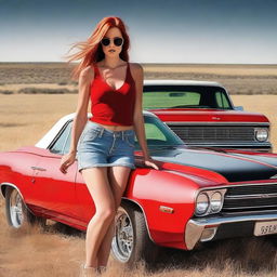 Generate an image featuring a red El Camino hot rod with a supercharger, set in the Wyoming prairie