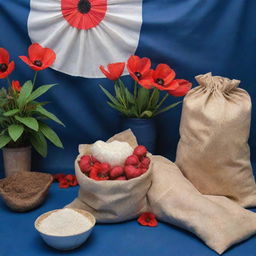 An Independence Day celebration scene with cassava plants, and sacks of cassava flour around. Saturated colors of poppy red, navy blue, creamy white, and earthy browns with festive decorations.