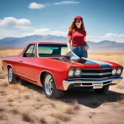 Generate an image featuring a red El Camino hot rod with a supercharger, set in the Wyoming prairie