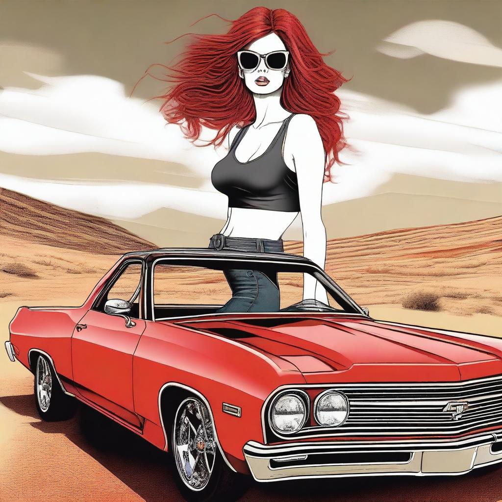 Generate an image featuring a hot rod-style red El Camino with a supercharger