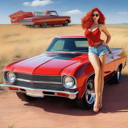 Generate an image featuring a hot rod-style red El Camino with a supercharger