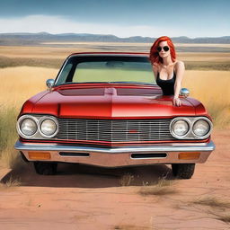 Generate an image featuring a hot rod-style red El Camino with a supercharger