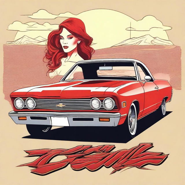 Generate an image featuring a hot rod-style red El Camino with a supercharger