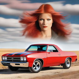 Generate an image featuring a red El Camino hot rod with a blower, set against the backdrop of the Wyoming prairie