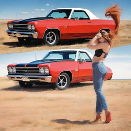 Generate an image featuring a red El Camino hot rod with a blower, set against the backdrop of the Wyoming prairie