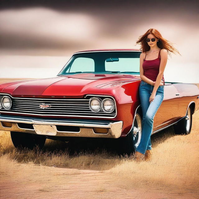 Generate an image featuring a red El Camino hot rod with a blower, set against the backdrop of the Wyoming prairie