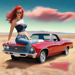 Generate an image featuring a red El Camino hot rod with a blower, set against the backdrop of the Wyoming prairie