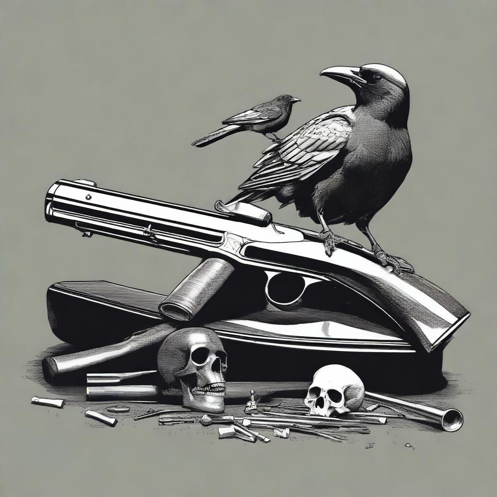 Generate a black and white image featuring a cap and ball pistol, a skull, a crow, and a Sharps rifle