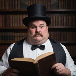 A Disney Pixar inspired image of an overweight, 45-year-old magician with a large moustache and partially bald. He should have bleak eyes, and is in a dark room filled with an abundance of magical books. Emphasize fully body portrait.