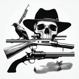 Generate a black and white image featuring a cap and ball pistol, a skull, a crow, and a Sharps rifle