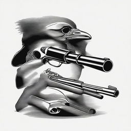 Generate a black and white image featuring a cap and ball pistol, a skull, a crow, and a Sharps rifle