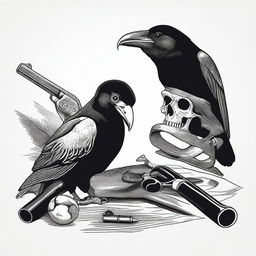Generate a black and white image featuring a cap and ball pistol, a skull, a crow, and a Sharps rifle