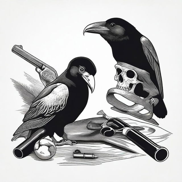 Generate a black and white image featuring a cap and ball pistol, a skull, a crow, and a Sharps rifle