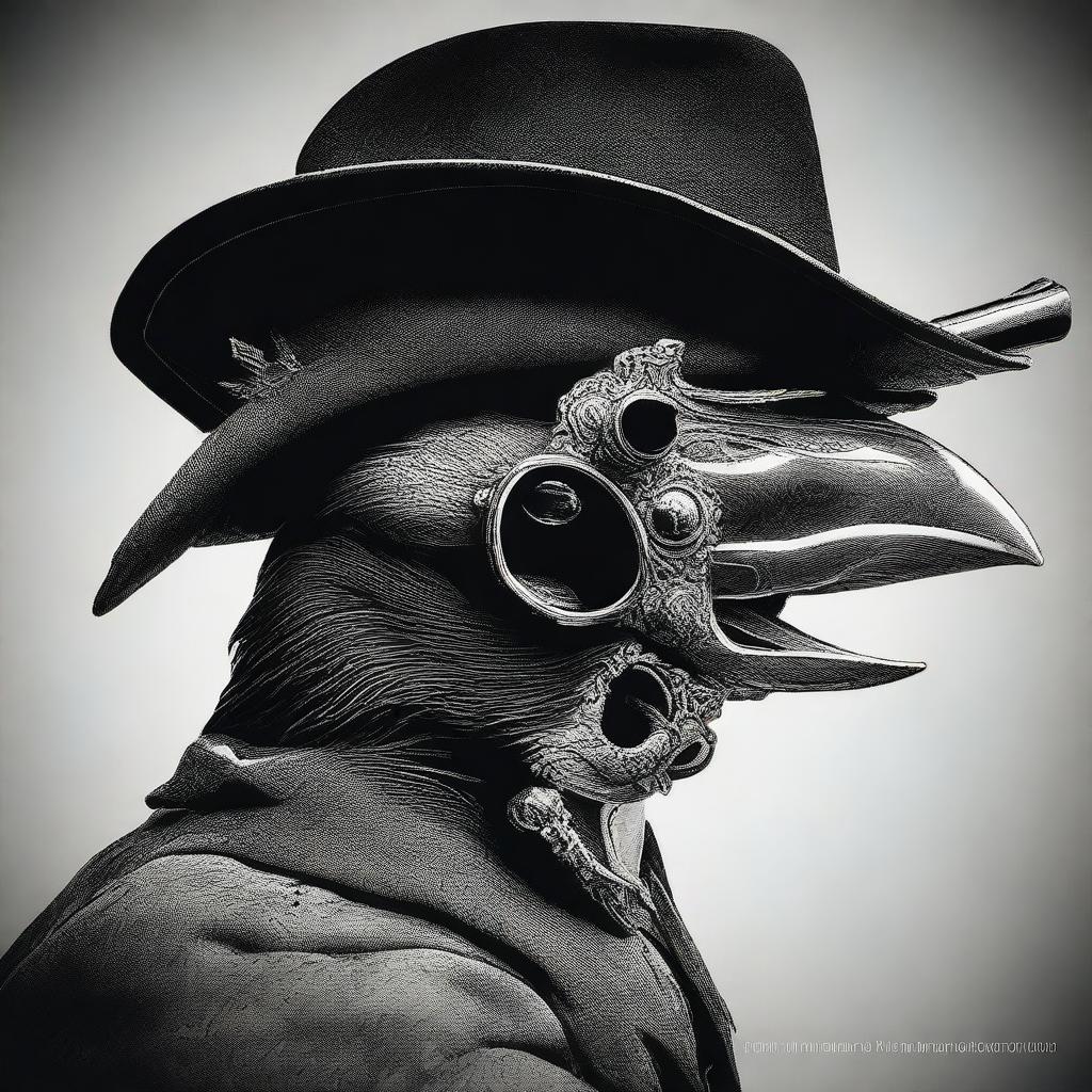 Generate a black and white photo featuring a cap and ball revolver, a skull, and a crow