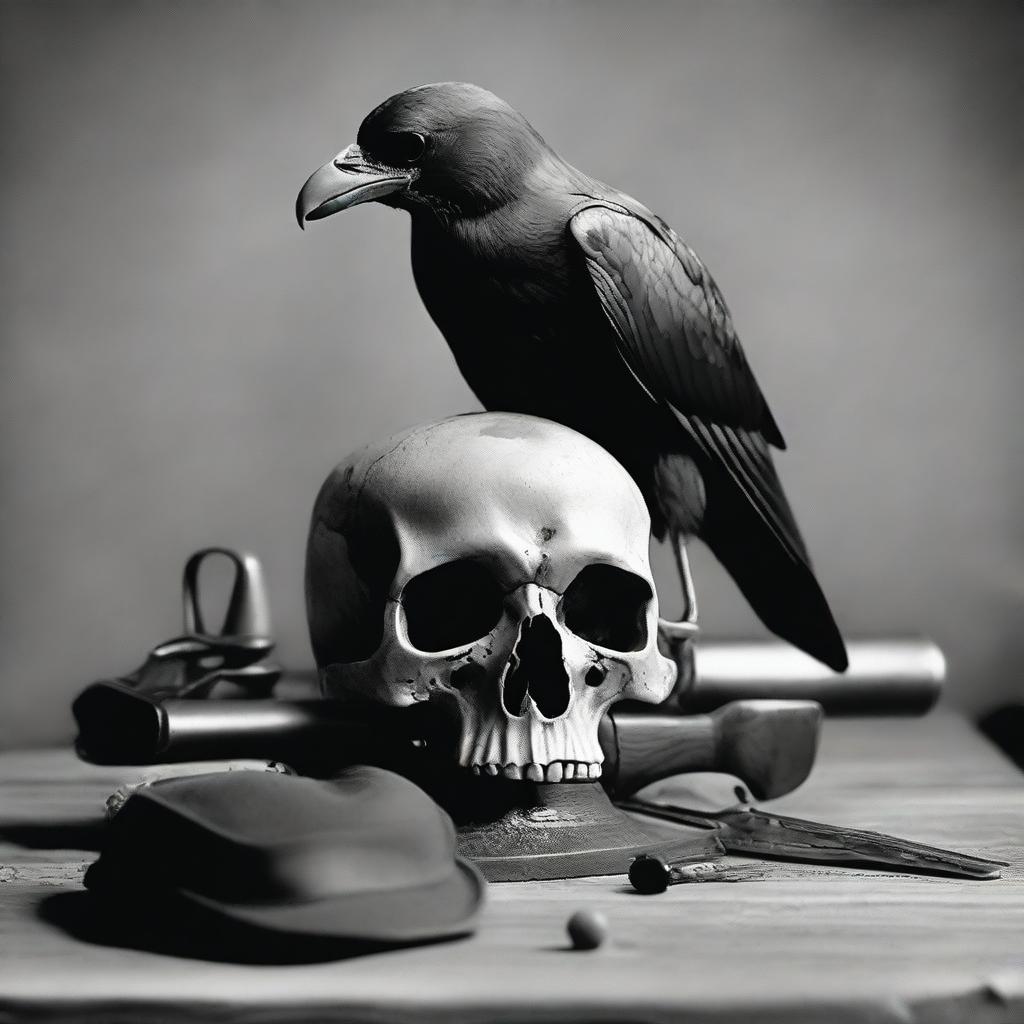 Generate a black and white photo featuring a cap and ball revolver, a skull, and a crow