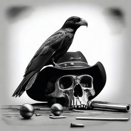 Generate a black and white photo featuring a cap and ball revolver, a skull, and a crow