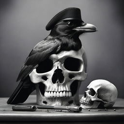 Generate a black and white photo featuring a cap and ball revolver, a skull, and a crow