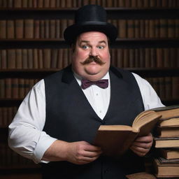 A Disney Pixar inspired image of an overweight, 45-year-old magician with a large moustache and partially bald. He should have bleak eyes, and is in a dark room filled with an abundance of magical books. Emphasize fully body portrait.