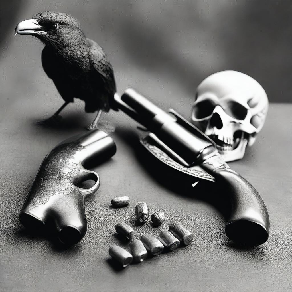 Generate a black and white photo featuring a black powder revolver, a skull, and a crow