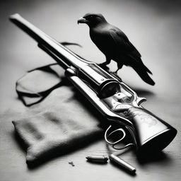 Generate a black and white photo featuring a black powder revolver, a skull, and a crow