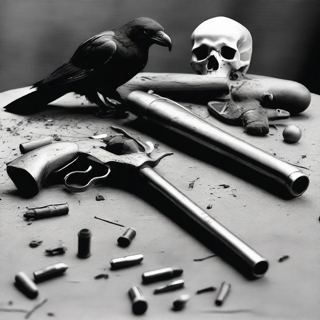 Generate a black and white photo featuring a black powder revolver, a skull, and a crow