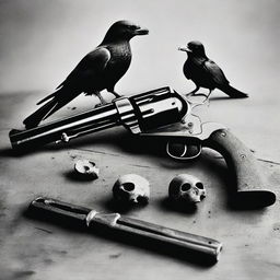 Generate a black and white photo featuring a black powder revolver, a skull, and a crow