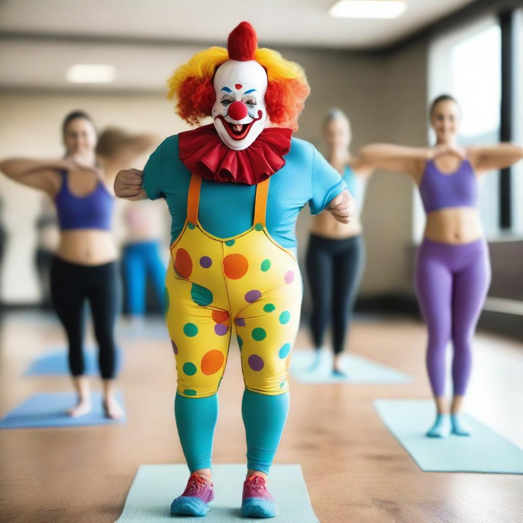 Generate an image of a clown fitness instructor leading a yoga session