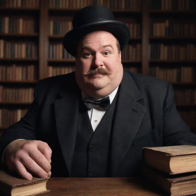 A Disney Pixar inspired image of an overweight, 45-year-old magician with a large moustache and partially bald. He should have bleak eyes, and is in a dark room filled with an abundance of magical books. Emphasize fully body portrait.