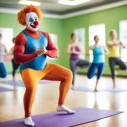 Generate an image of a clown fitness instructor leading a yoga session