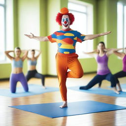 Generate an image of a clown fitness instructor leading a yoga session